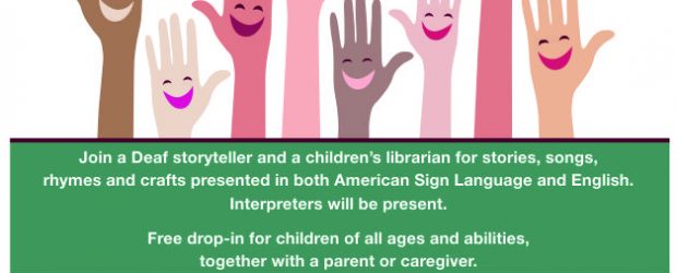 <div class="timely ai1ec-excerpt">
	<div class="ai1ec-time">
		<strong>When:</strong>
		September 14, 2019 @ 2:00 pm – 3:00 pm
	</div>
	</div>
<p>Fall 2019 Family Storytime in Sign Language and English at Burnaby Public Library https://www.bpl.bc.ca/kids/family-storytime-in-sign-language-and-english Join a Deaf storyteller and a children’s librarian for stories, rhymes and crafts presented in both American Sign Language and English. This is a free drop-in[...]</p>
