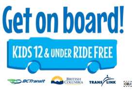 Please view (click on link below) to read BC Transit’s announcement regarding Kids 12 & Under now ride FREE on BC Transit! Kids 12 and Under Ride Transit Free Starting September 1 2021 
